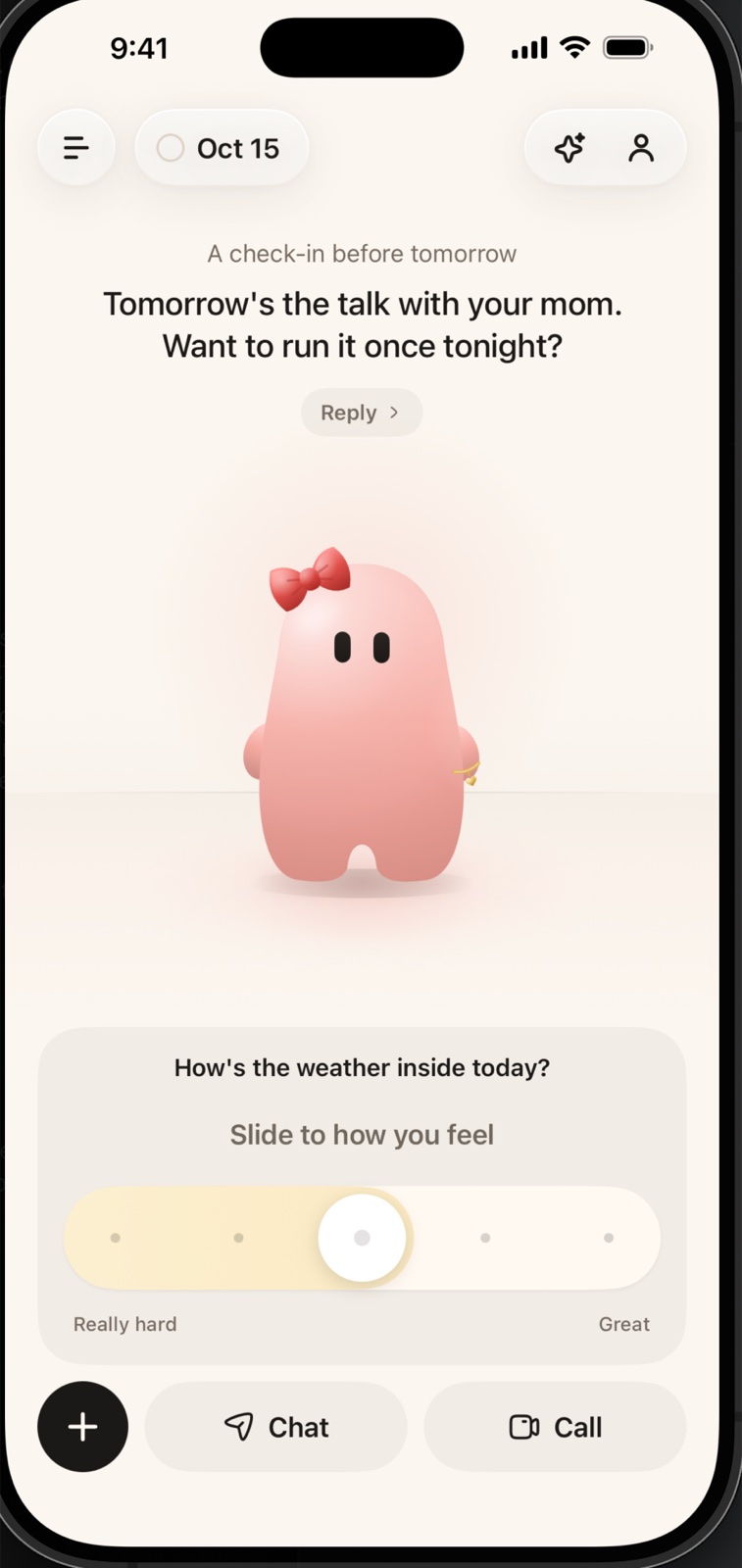 Shado 2.0 home preview with a pink character, an illustrative check-in, mood slider, chat and call controls